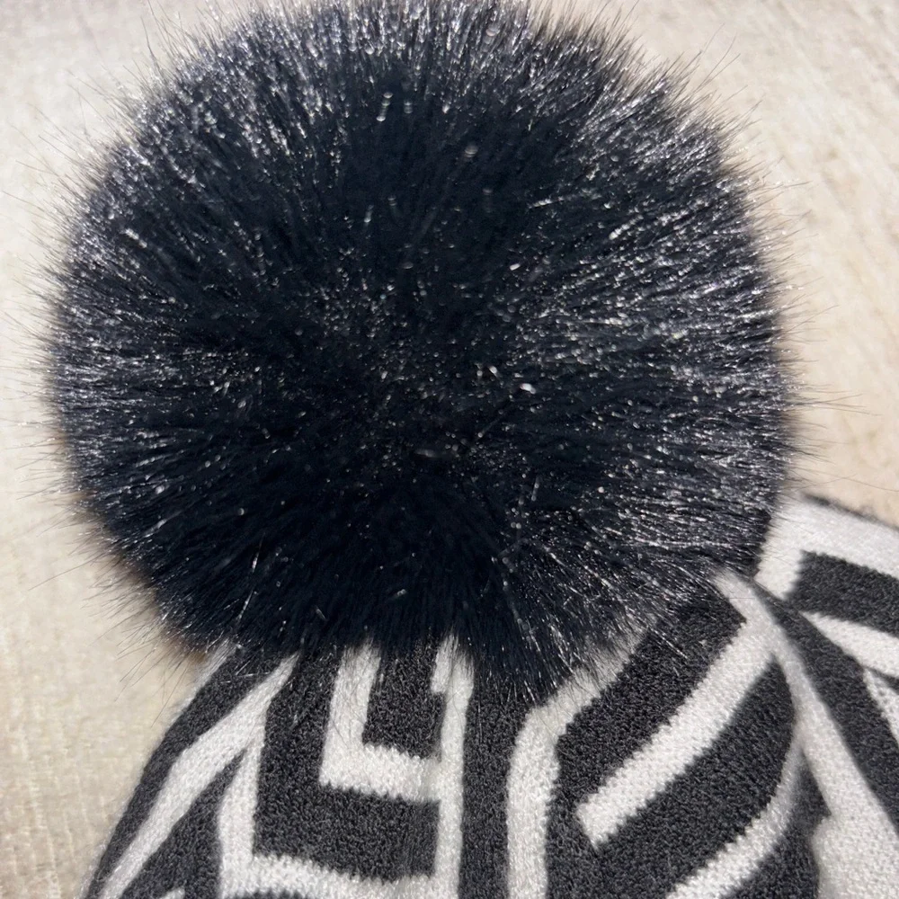 Karl Lagerfeld Beanie Pom Pom Toboggan Hat Black White Satin Lined Quiet Luxury